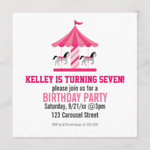 Roze Carrousel Birthday Party Invitation Kaart