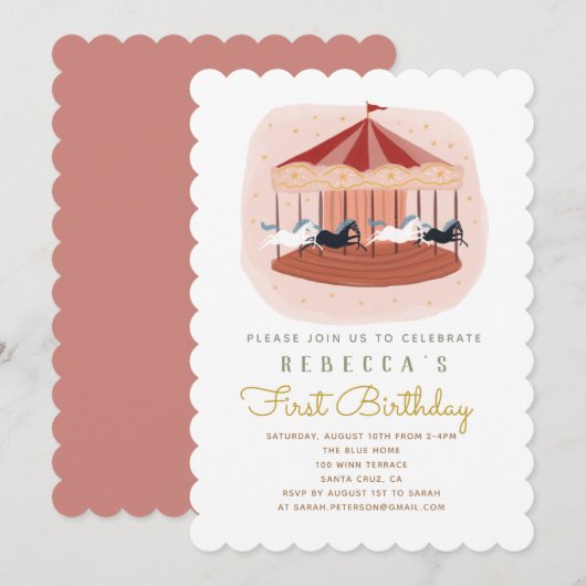 Roze carrousel eerste uitnodiging van de verjaarda (Voorkant / Achterkant)
