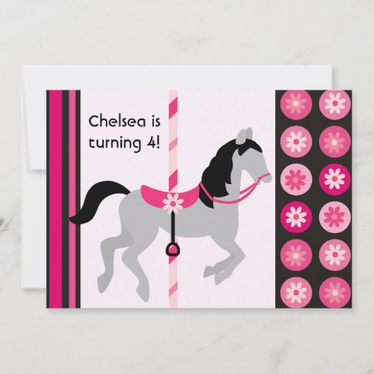 Roze Carrousel Horse Birthday Invitation Kaart (Voorkant)
