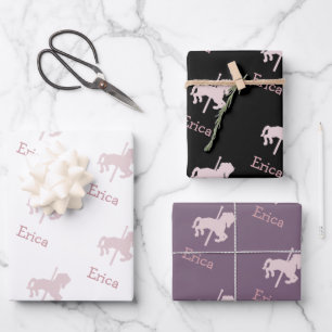 Roze Carrousel Horse Pattern Girl Name Birthday Inpakpapier Vel