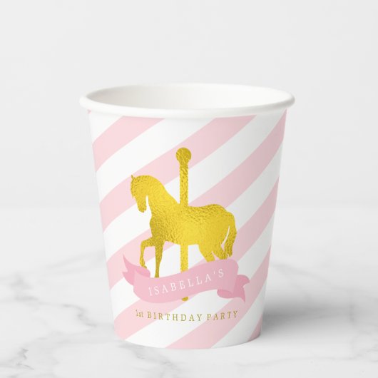 Roze Carrousel Paard Verjaardagsfeestje Papier Cup Papieren Bekers (Voorkant)