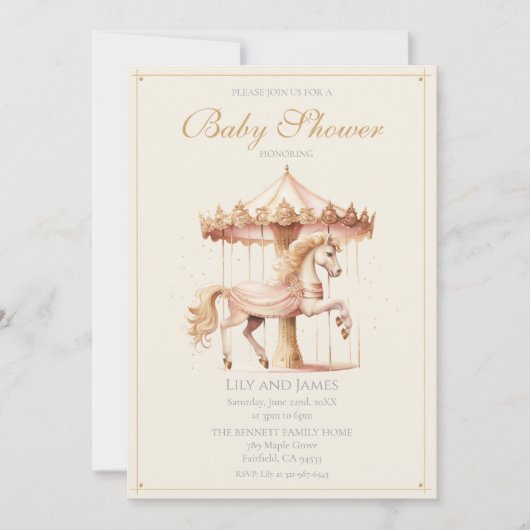  Roze Carrousel Paard Waterverf Baby shower Kaart (Voorkant)