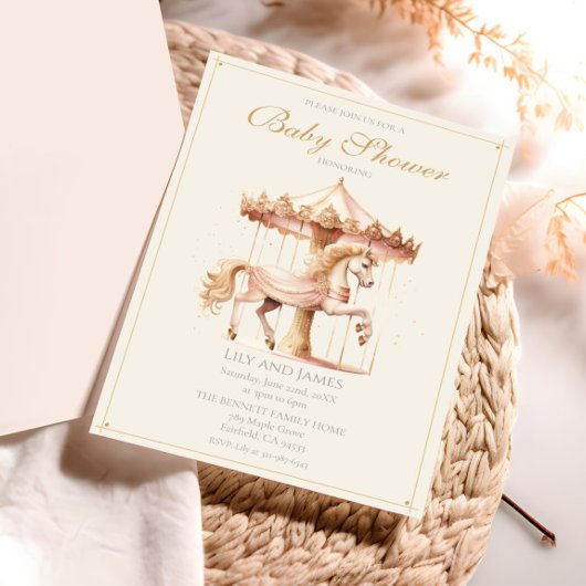  Roze Carrousel Paard Waterverf Baby shower Kaart