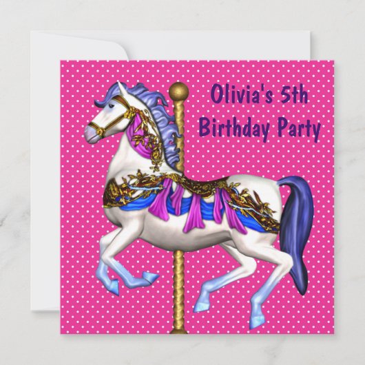 Roze Carrousel Pony Meisjes 5e Verjaardagsfeest Kaart (Voorkant)