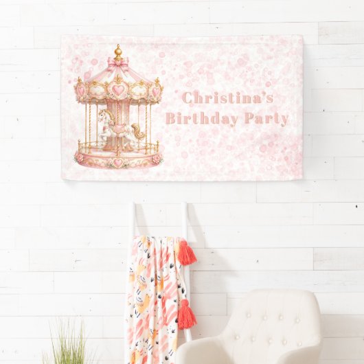 Roze Carrousel Prinses Verjaardagsfeestje Spandoek (Insitu)