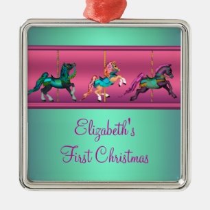 Roze Carrousel Teal & Paarse Baby's Eerste Kerstmi Metalen Ornament