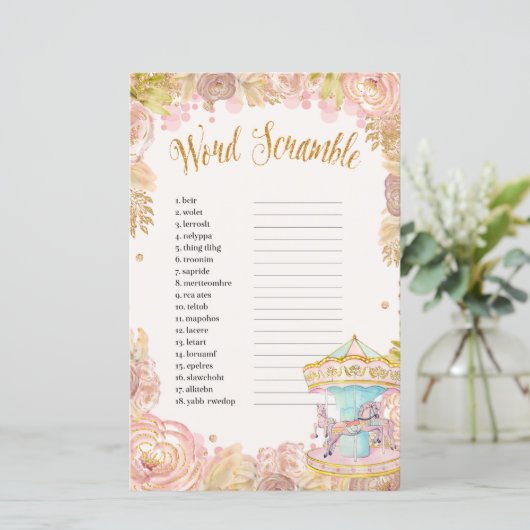 Roze carrousel World Scramble Baby shower Game (Staand voorkant)