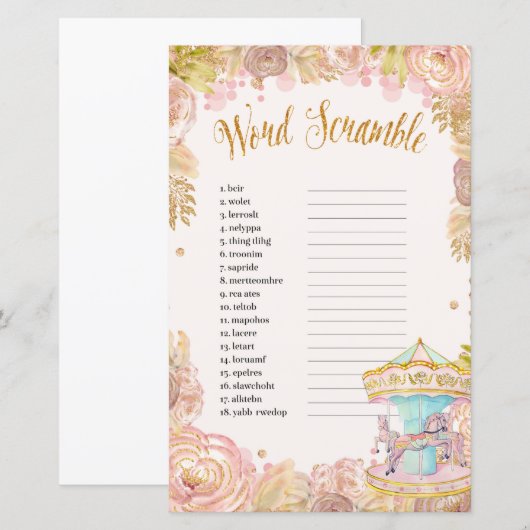 Roze carrousel World Scramble Baby shower Game (Voorkant / Achterkant)