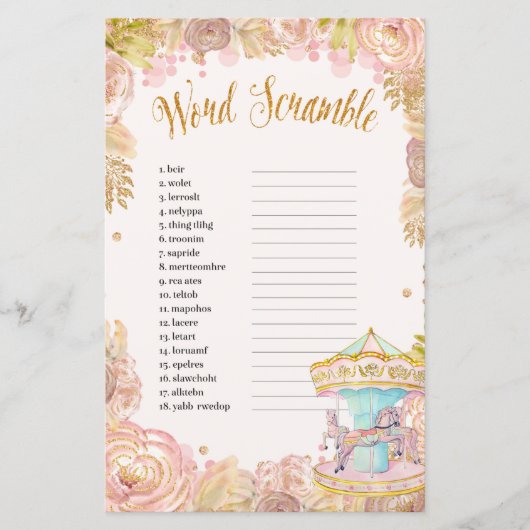 Roze carrousel World Scramble Baby shower Game (Voorkant)
