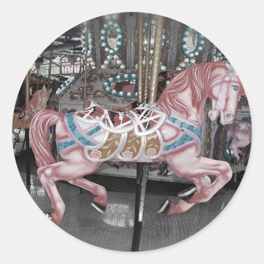 Roze carrouselpaard ronde sticker (Voorkant)