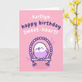 Roze Cartoon Bird Sweetheart Pun Verjaardag Kaart (Gele Bloem)