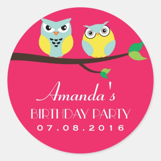 Roze Cartoon Birthday Sticker voor Kinderen Partij (Voorkant)