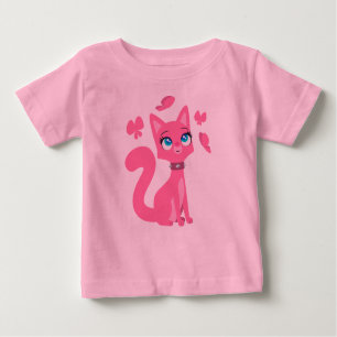 Roze Cartoon Cat en Butterflies Baby T-Shirt