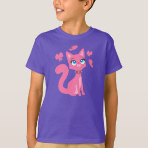 Roze Cartoon Cat en Butterflies Children T-Shirt