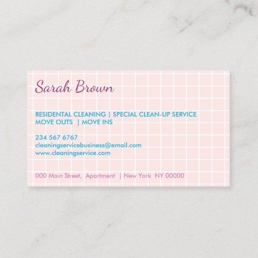 Roze Cartoon Cleaning Service Janitorial Visitekaartje (Achterkant)