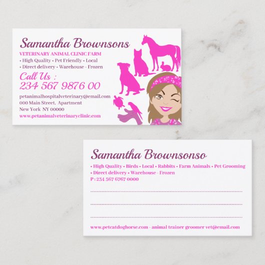Roze Cartoon Dierentartner Groomer Veterinary Visitekaartje (Voorkant / Achterkant)