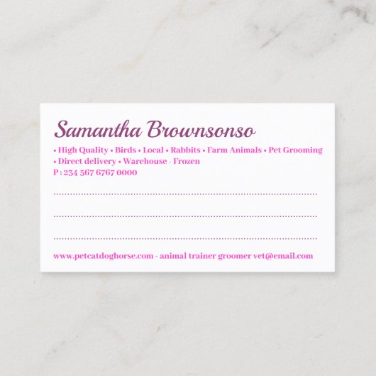 Roze Cartoon Dierentartner Groomer Veterinary Visitekaartje (Achterkant)