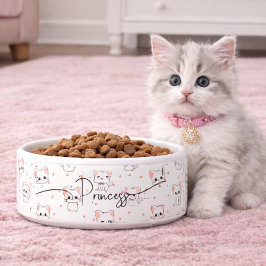 Roze Cartoon Kattenpatroon met Sterren en Huisdier Voerbakje