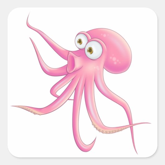 Roze Cartoon Octopus Vierkante Sticker (Voorkant)