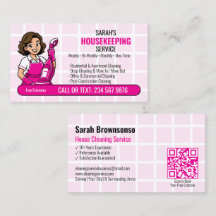 Roze Cartoon Schoonmaakster QR Huishoudelijke Dien Visitekaartje