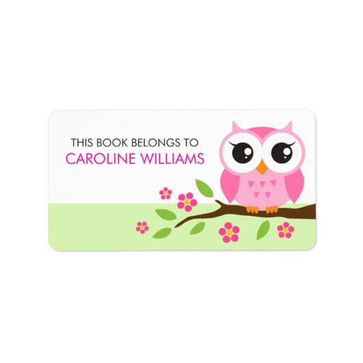 Roze cartoon uil op tak bookplate boek label (Voorkant)