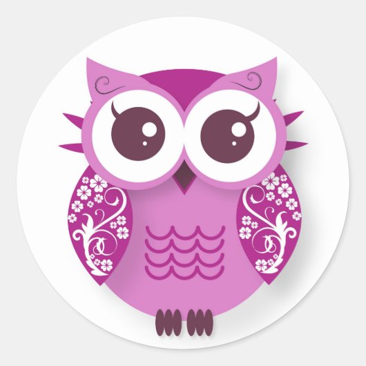 Roze cartoon uil ronde sticker (Voorkant)