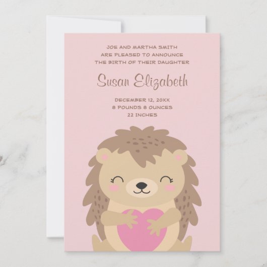 Roze Cartoon van Heart Cute Hedgel Birth Aankondiging (Voorkant)