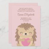 Roze Cartoon van Heart Cute Hedgel Birth Aankondiging (Voorkant / Achterkant)
