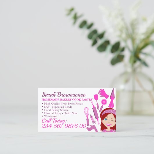 Roze Cartoon Vrouw Blauwe Ogen Bakkerijkdarm Visitekaartje (Staand voorkant)