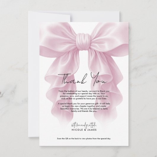 Roze Cascade Ruffle Bow Bruids bruiloft Dank u Kaart (Voorkant)