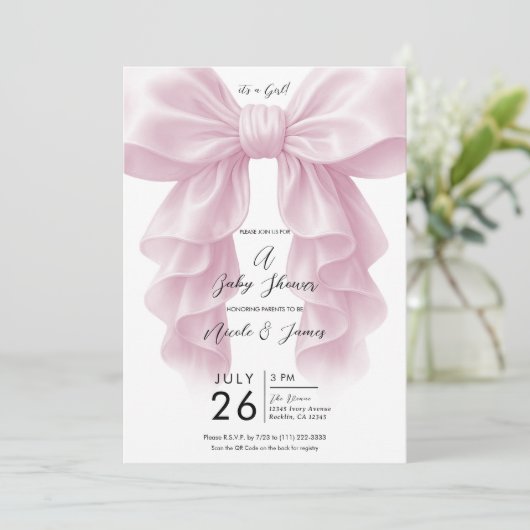 Roze Cascade Ruffle Bow Classy Baby shower Kaart (Staand voorkant)