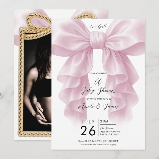 Roze Cascade Ruffle Bow Classy Baby shower Kaart (Voorkant / Achterkant)