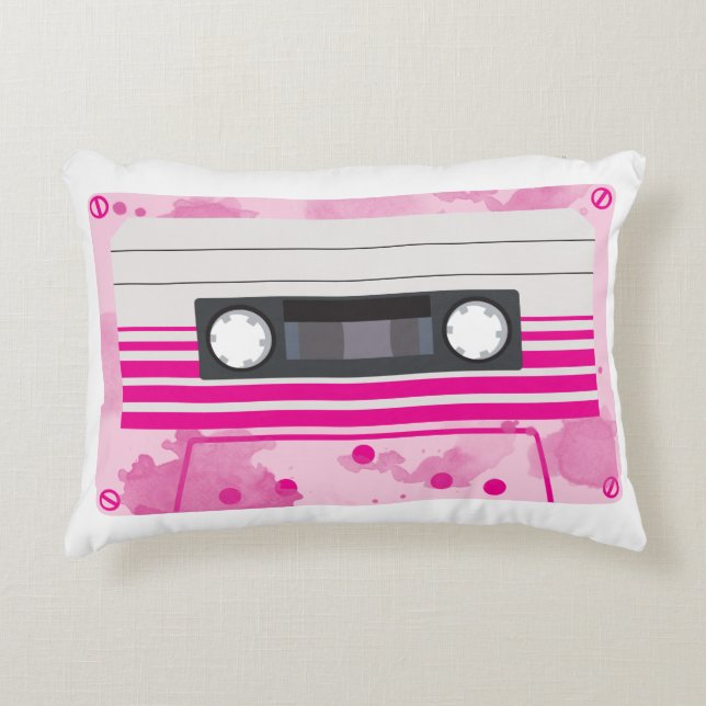 Roze Cassettebandje met Roze Waterverf Splashes Accent Kussen (Voorkant)