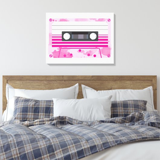 Roze Cassettebandje met Roze Waterverf Splashes Canvas Afdruk (Insitu (Slaapkamer))
