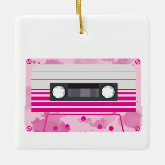 Roze Cassettebandje met Roze Waterverf Splashes Keramisch Ornament (Voorkant)