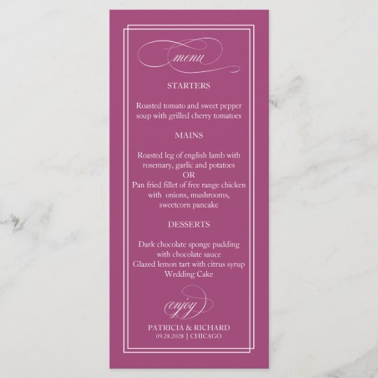 Roze Cassis Eenvoudig Elegant 4x9 Bruiloft Menu (Voorkant)