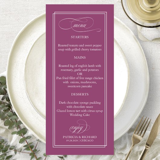 Roze Cassis Eenvoudig Elegant 4x9 Trouwmenu Menu