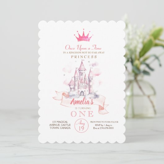 Roze Castel Eerste Prinses Verjaardagsfeest Kaart (Staand voorkant)
