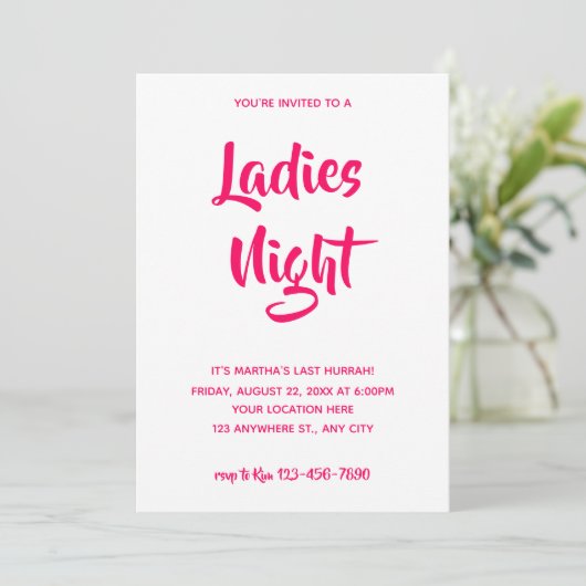 Roze Casual script | Ladies Night Vrijgezellenfees Kaart (Staand voorkant)