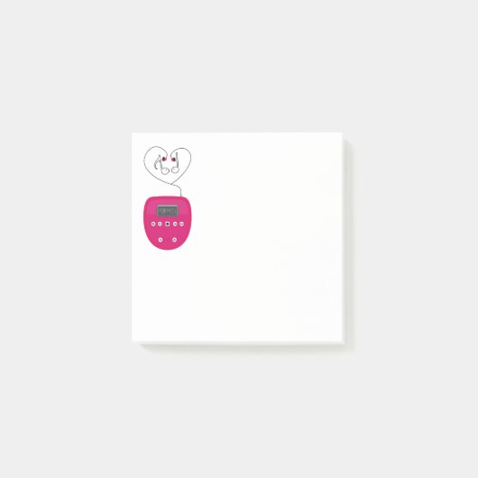 Roze cd-speler met oordopjes die kussen post-it® notes (Voorkant)
