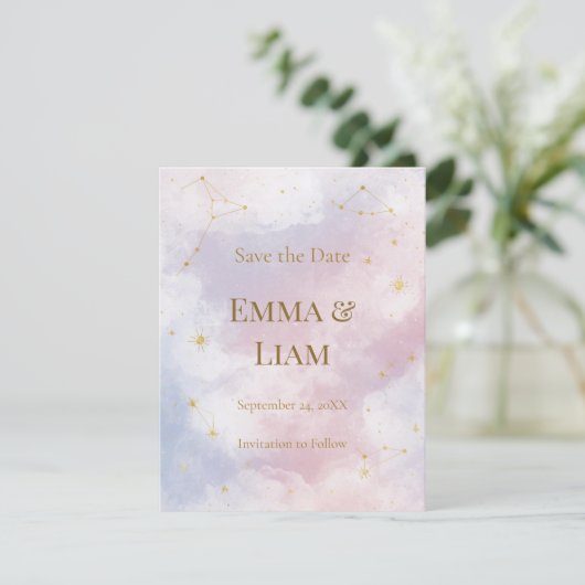 Roze Celestial Save the Date | Constellaties (Staand voorkant)