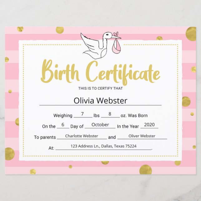 Roze certificaat van Baby (Voorkant)