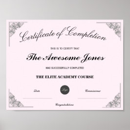 Roze certificaat van voltooiing Aangepast logo Poster