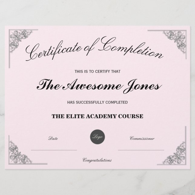 Roze certificaat van voltooiing met Aangepaste Log (Voorkant)