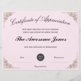 Roze certificaat van waardebepaling met aangepaste