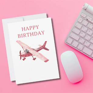 Roze Cessna Vliegtuig Aquarel Leuke Verjaardag Feestdagenkaart