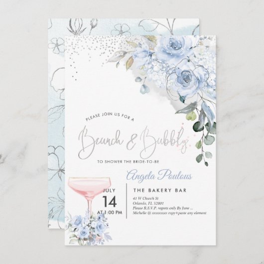 Roze Champage Brunch Bubble Dusty Blue Rozen Kaart (Voorkant / Achterkant)