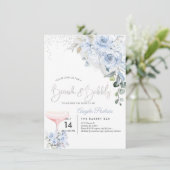 Roze Champage Brunch Bubble Dusty Blue Rozen Kaart (Staand voorkant)