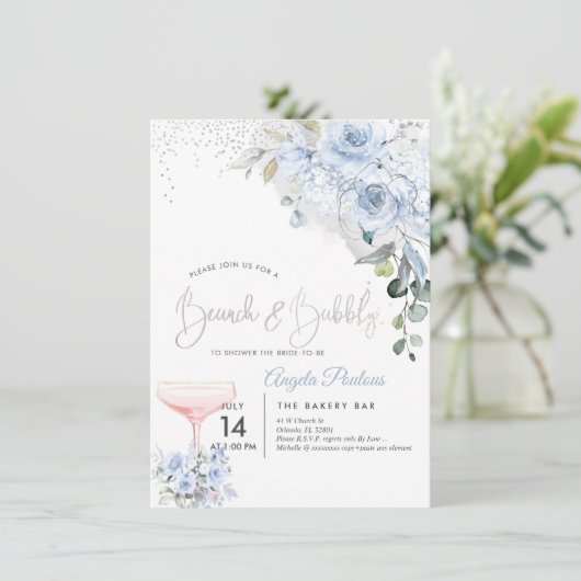 Roze Champage Brunch Bubble Dusty Blue Rozen Kaart (Staand voorkant)