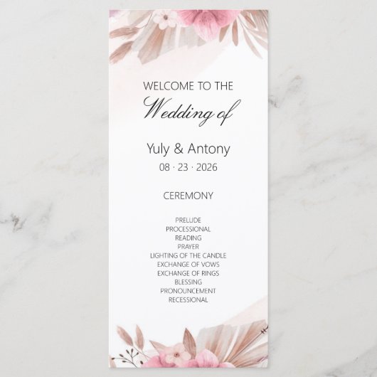 Roze Champagne Boho Huwelijksprogramma kaart (Voorkant)